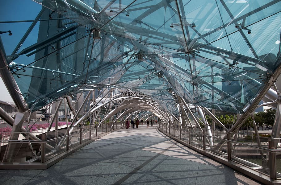 singapore, helix bridge, glass, modern architecture, walkway, HD wallpaper
