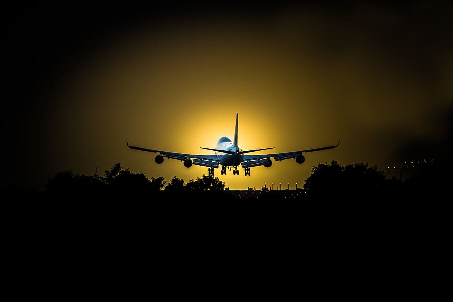 sky, airplane, sunset, silhouette, aircraft, travel, transportation system HD wallpaper