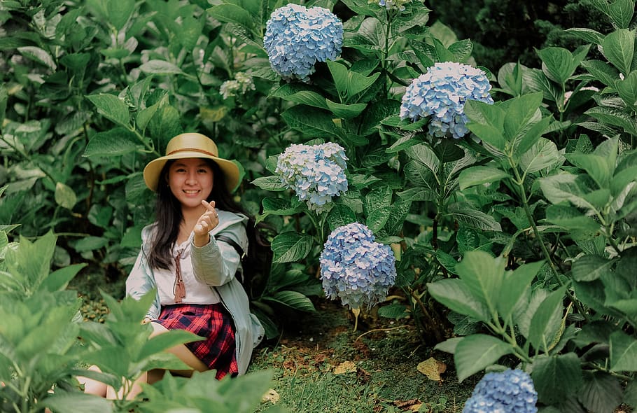 Girl Sitting Beside Plants, beautiful, clusters, cute, environment HD wallpaper
