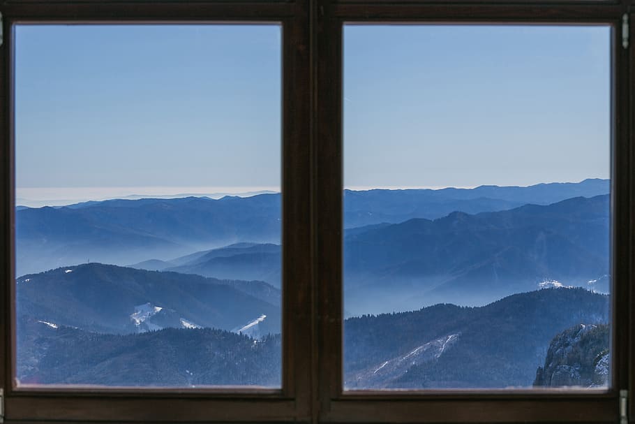 window, glass, landscape, blue, sky, mountains, forest, far HD wallpaper