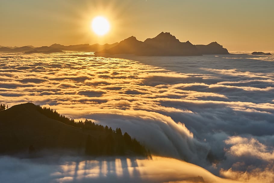 fog, sunset, alpine, sky, beauty in nature, scenics - nature HD wallpaper
