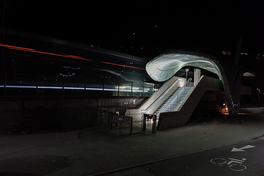 white escalator, banister, handrail, architecture, hungerburgbahn