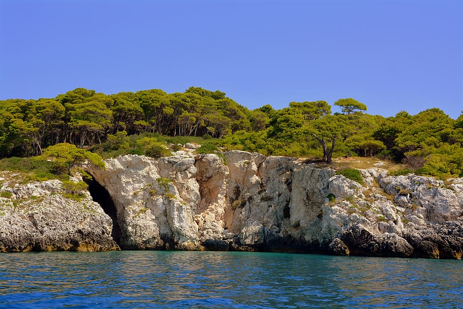 sea, mountain, cliffs, trees, rock, forest, tremiti islands HD wallpaper