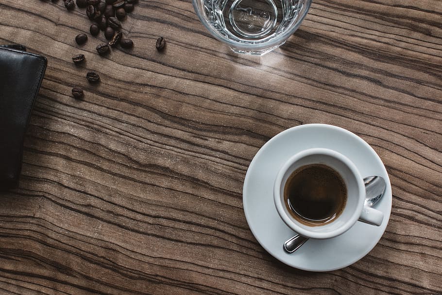 espresso, coffee, cup, wood, table, glass, coffee beans, morning, HD wallpaper