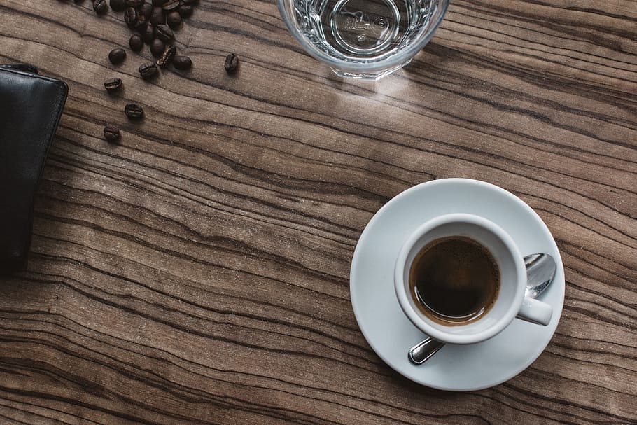espresso, coffee, cup, wood, table, glass, coffee beans, morning HD wallpaper