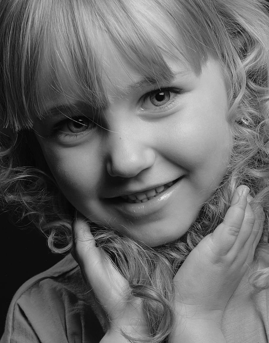 Grayscale Photo of Smiling Girl, adorable, beautiful, blond, child