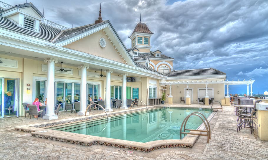 resort, pool, sky, clouds, vacation, travel, recreation, poolside HD wallpaper