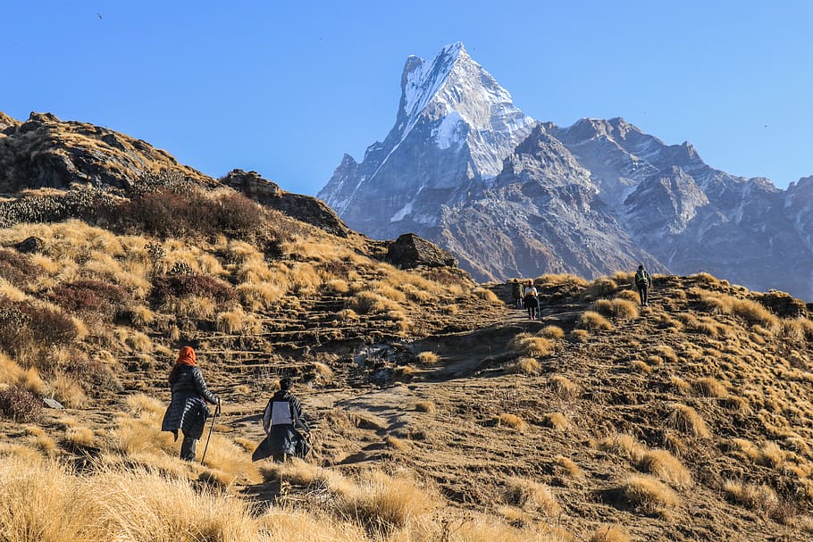 two people standing on hill near mountain, human, person, outdoors, HD wallpaper