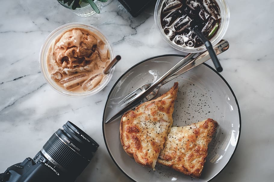 black DSLR camera, cutlery, spoon, food, meal, dish, bread, wristwatch HD wallpaper