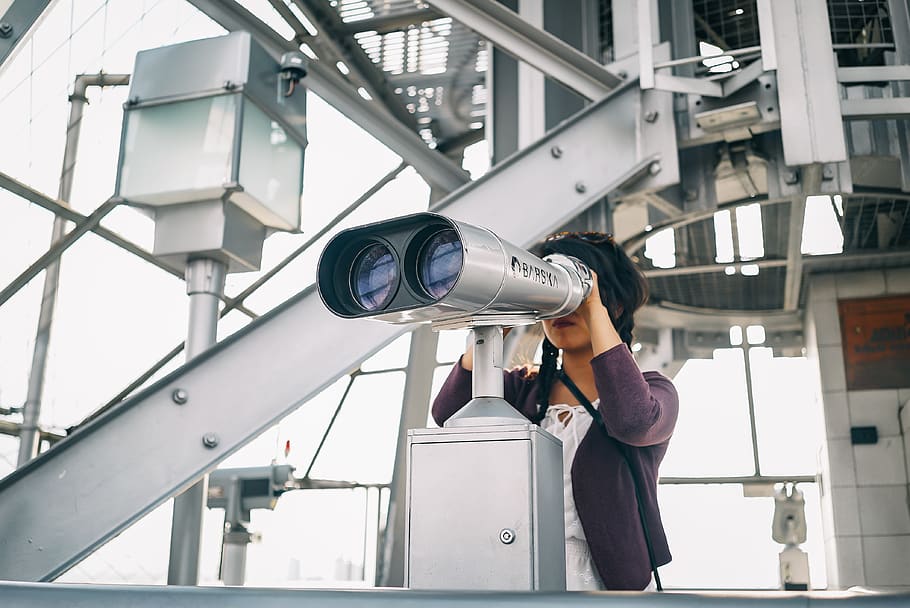 Woman in Purple Cardigan Using Binoculars, architectural design HD wallpaper