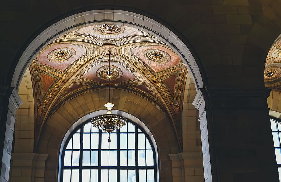 building interior, window, ceiling, arch, architecture, chandelier HD wallpaper