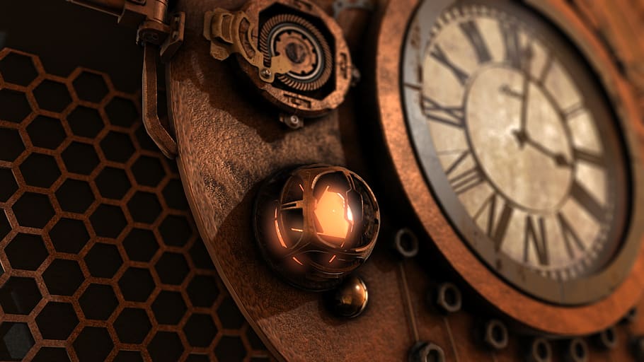 steampunk, clock, time, fantasy, background, antique, metal HD wallpaper