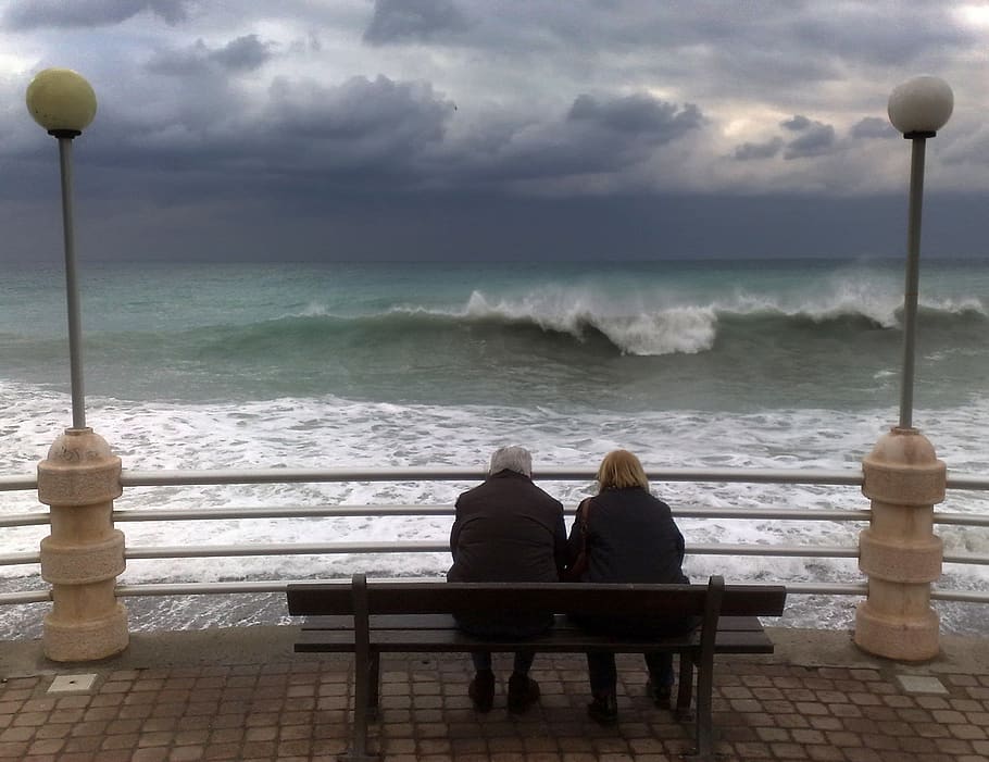 italy, bordighera, water, two people, sea, sky, cloud - sky HD wallpaper
