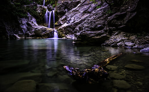 waterfall, pond, dark, landscape, nature, mood, forest, torrent HD wallpaper