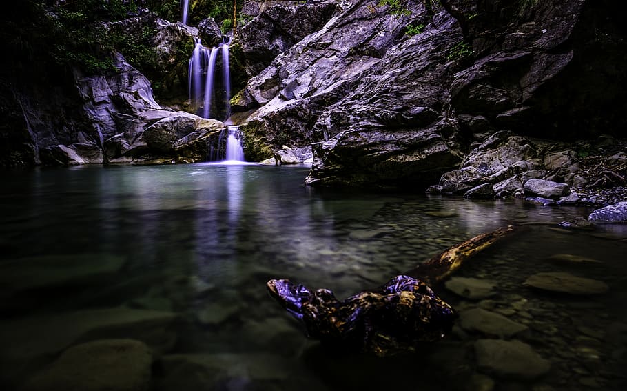 waterfall, pond, dark, landscape, nature, mood, forest, torrent HD wallpaper