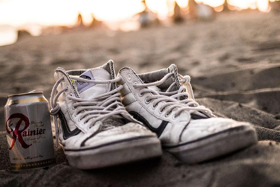 White High-top Vans Sneakers And Tin Can, classic, dirty, footwear, HD wallpaper