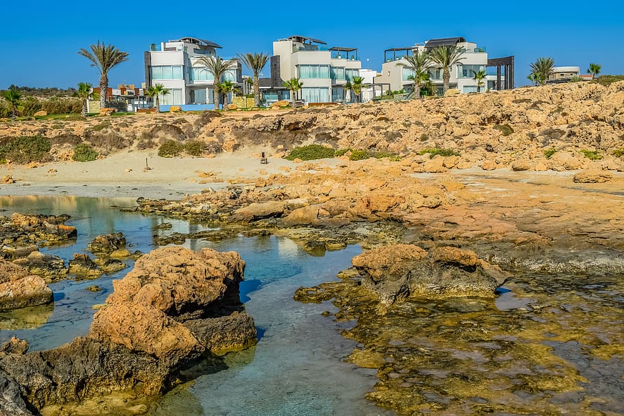 beach, rocky, landscape, scenery, cliff, villas, tourism, erosion HD wallpaper