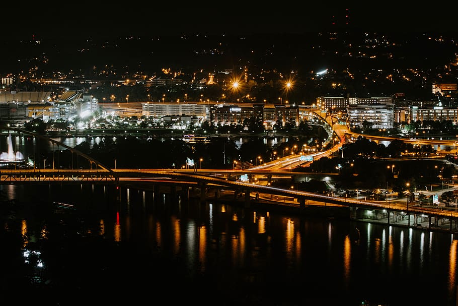 gray concrete bridge during night time, city, urban, road, mount washington HD wallpaper