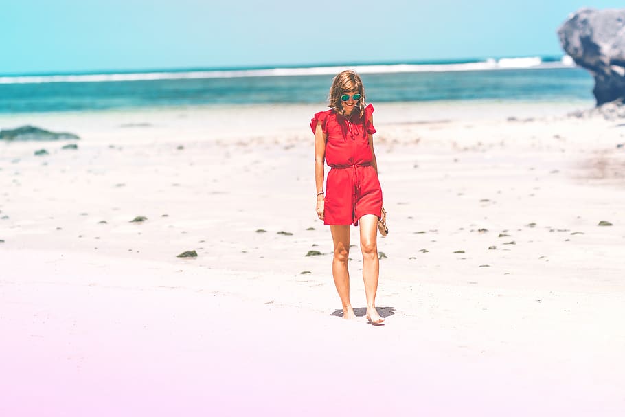 Woman Wearing Red Romper on Beach, barefoot, beautiful, beauty