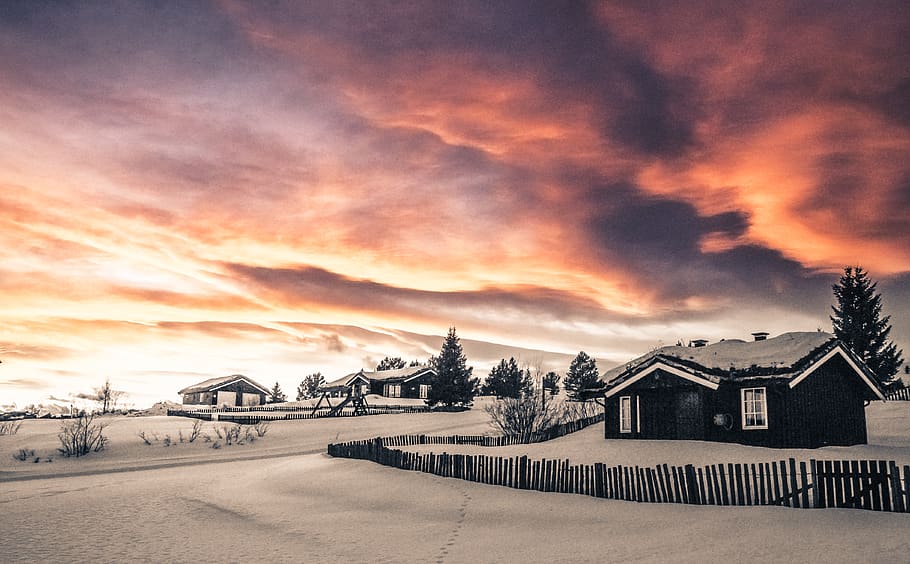 Snow Covered Village, architecture, backlit, clouds, dawn, daylight HD wallpaper