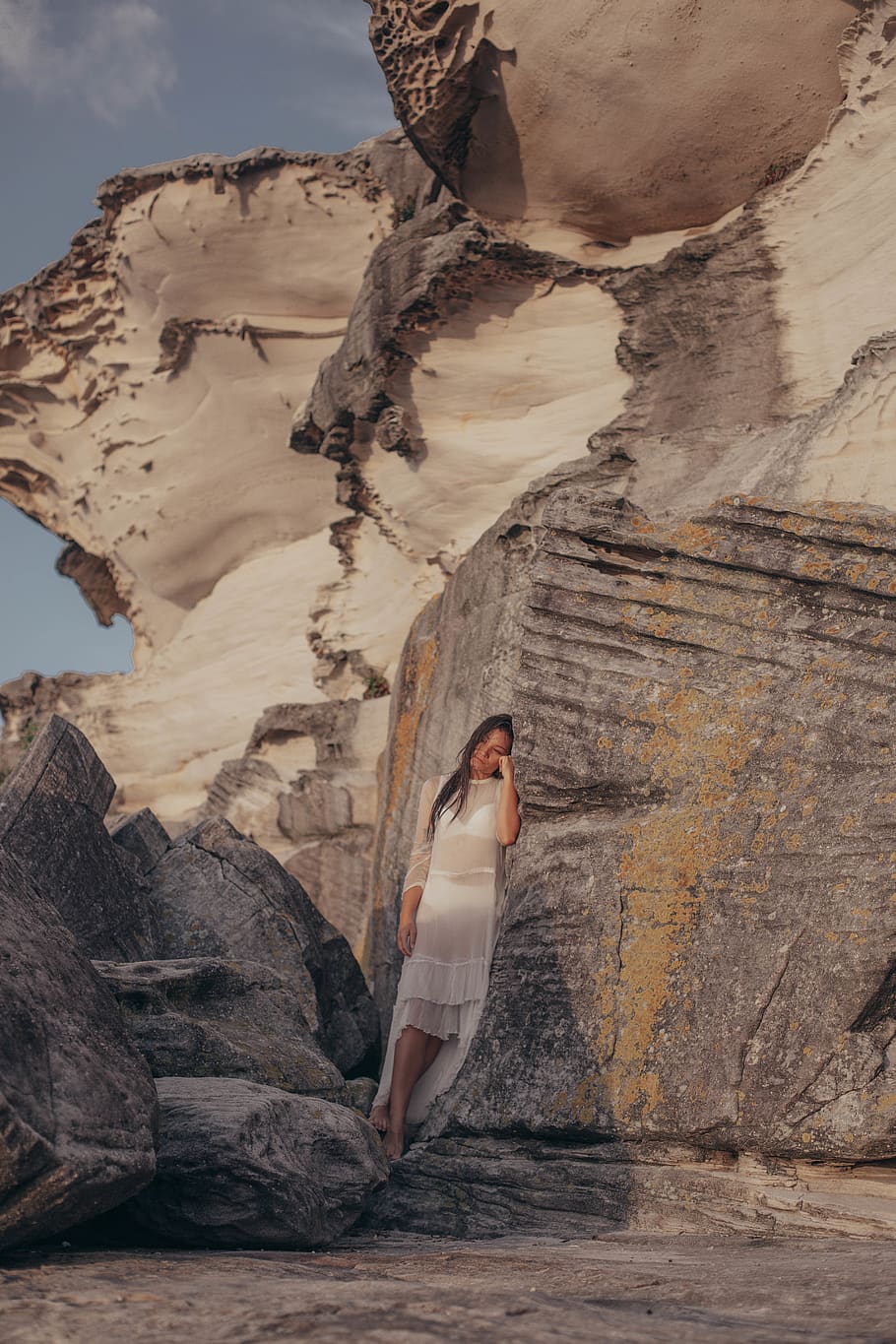 Woman in White Dress Standing on Rock Formation, adventure, canyon