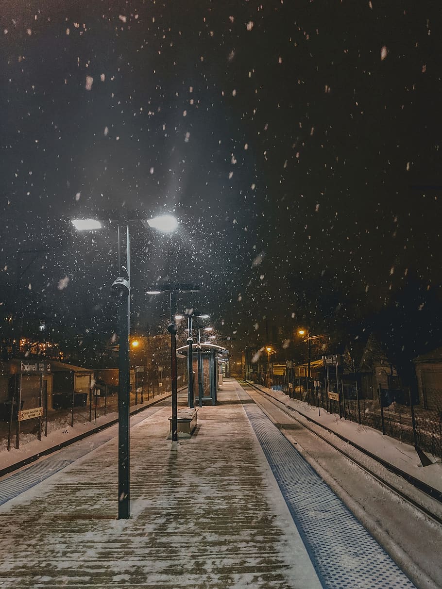 lighted street post at night, snow, illuminated, cold temperature HD wallpaper