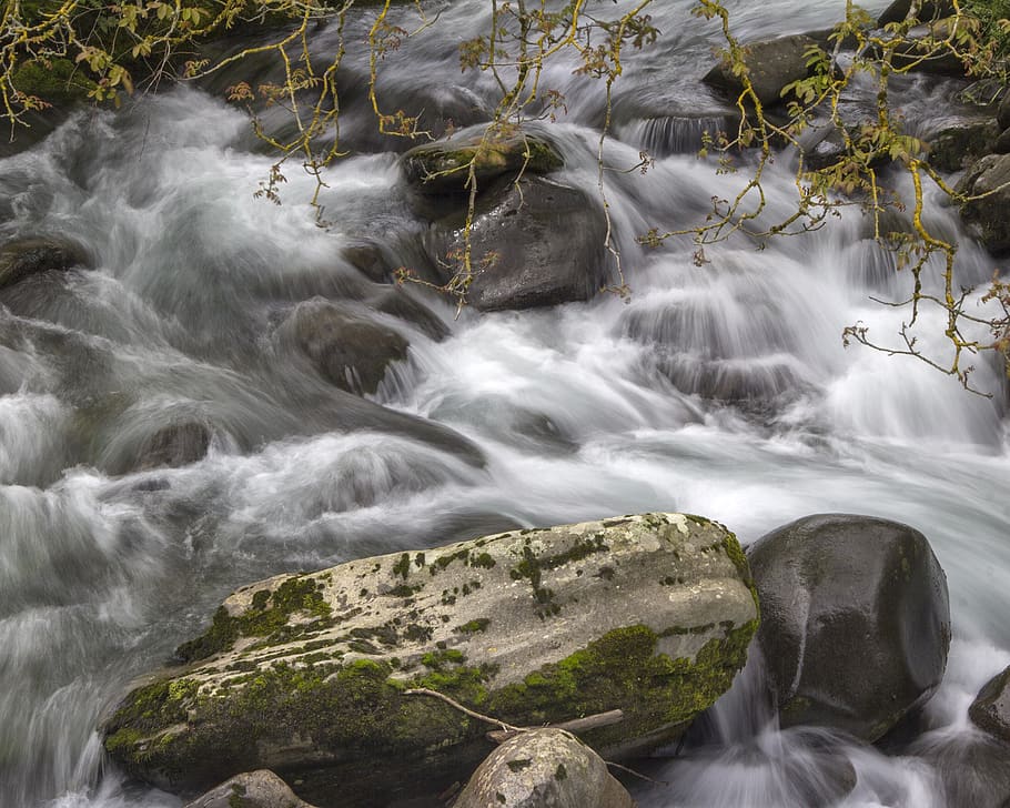 spain, ruayer, stones, trees, river, water, long exposure, motion HD wallpaper