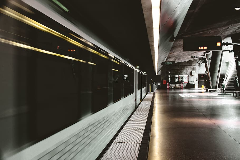 White and Black Subway Train Inside Station, blur, city, dark