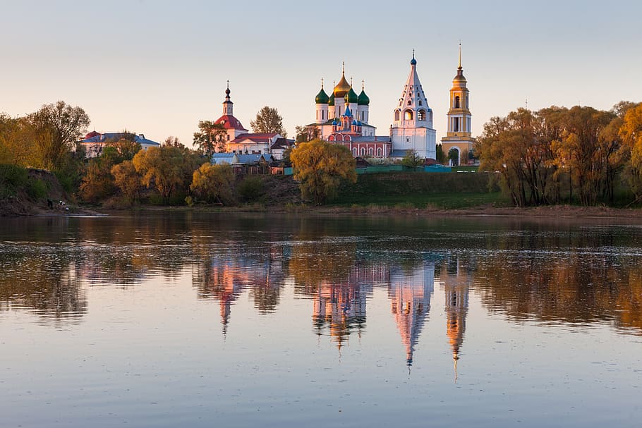 kolomna, russia, temple, morning, dawn, church, belfry, reflection, HD wallpaper