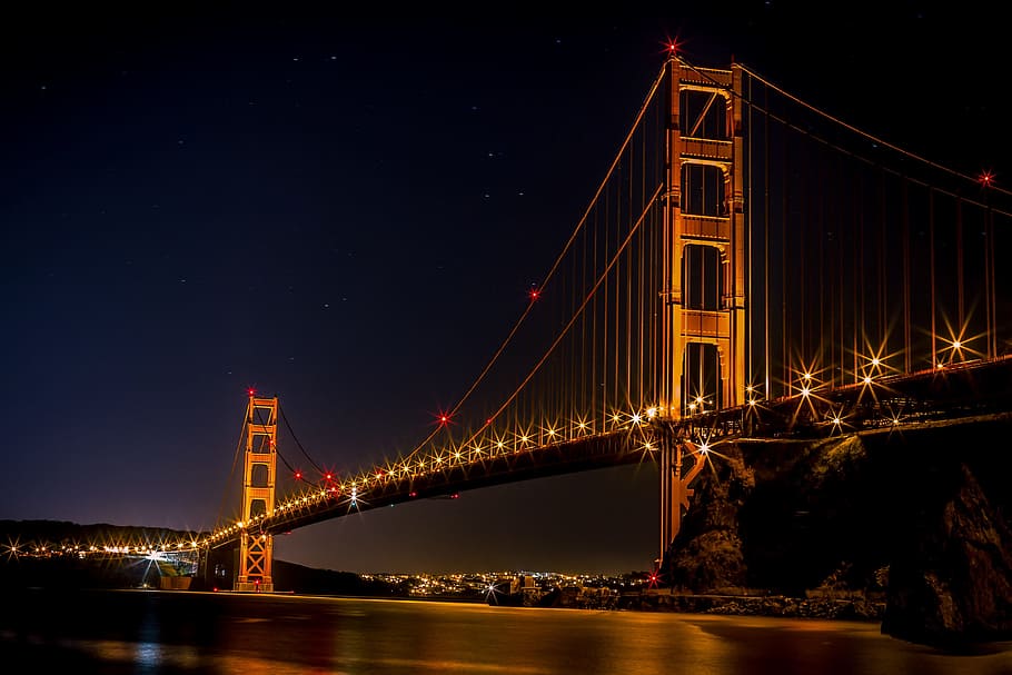 bridge, lights, red, architecture, sea, water, river, built structure HD wallpaper