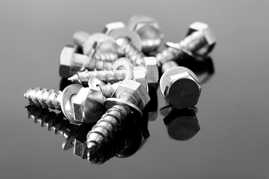 Silver Screw Bolts, black-and-white, reflection, close-up, no people HD wallpaper