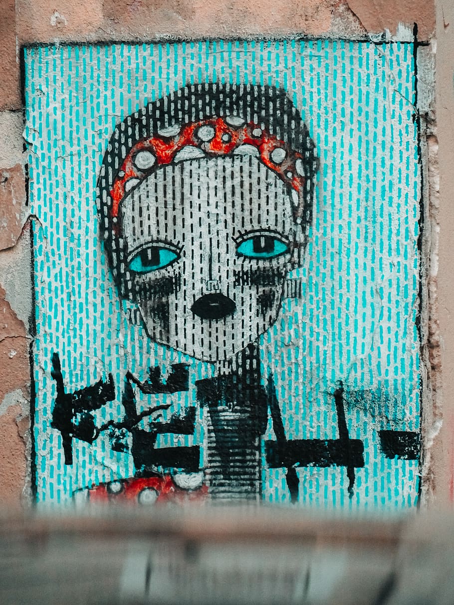 teal and white alien painting, collage, advertisement, poster