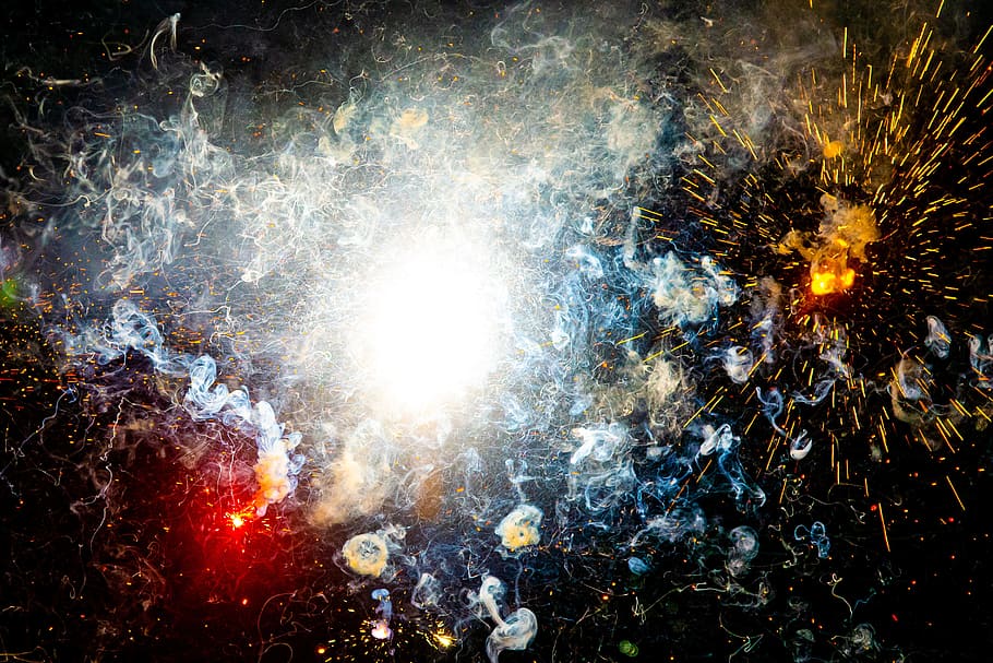 fireworks display, texture, abstract, explosion, spark, smoke HD wallpaper