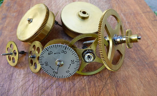 Photo of Timer Mechanical Gear Set, brass, close-up, equipment HD wallpaper