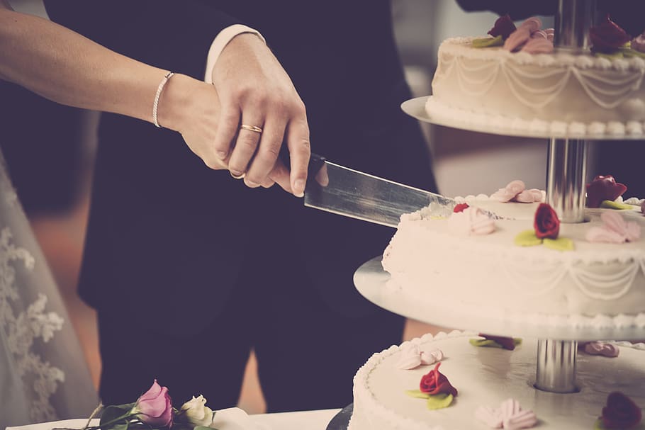 Person Holding Knife Slicing 3-layer Cake, bride, celebration, HD wallpaper