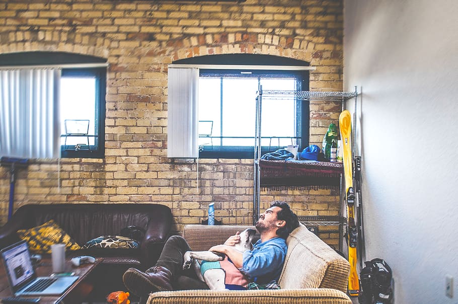 man holding pet while sitting on sofa, window, real people, indoors HD wallpaper