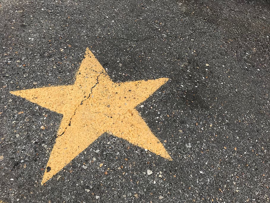 yellow star-printed pavement, road, sign, high angle view, symbol HD wallpaper
