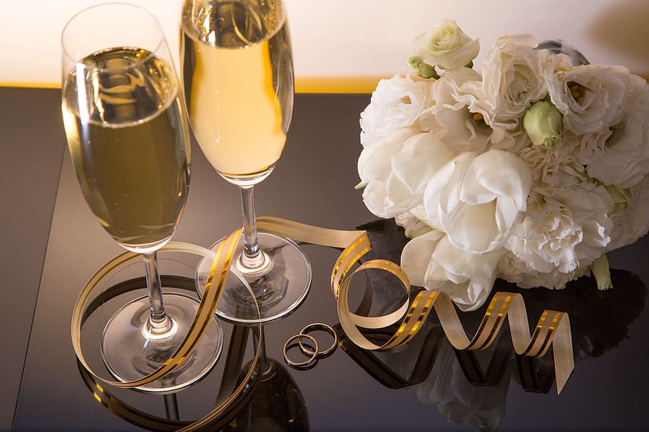 wine glasses, champagne, bouquet, rings, wedding, ornament, HD wallpaper