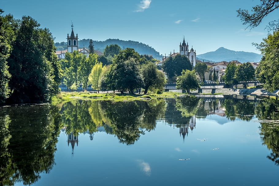 water between trees, nature, outdoors, steeple, architecture HD wallpaper