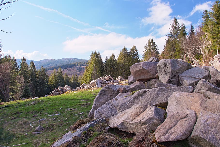landscape, rocks, vosges, alsace, spring, sky, plant, cloud - sky HD wallpaper