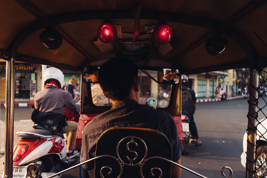 man riding auto rickshaw, mode of transportation, city, land vehicle HD wallpaper