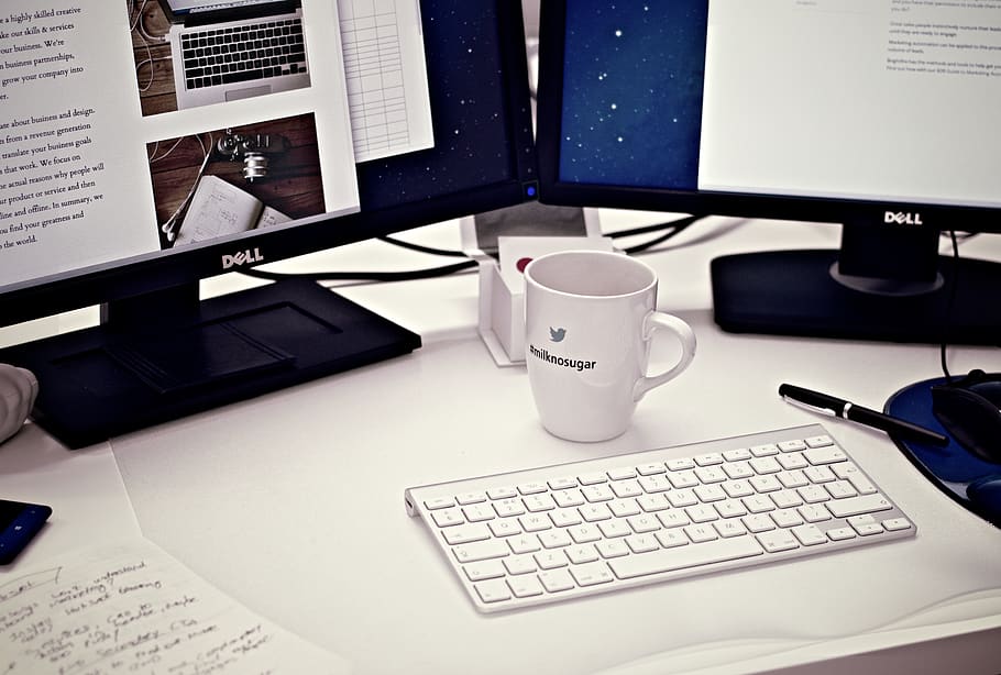 White Ceramic Mug Between Apple Magic Keyboard and Two Flat Screen Computer Monitors, HD wallpaper