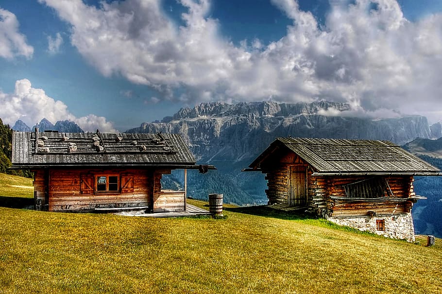 House Near Mountain Cliff, adventure, alpine, barn, blue sky HD wallpaper