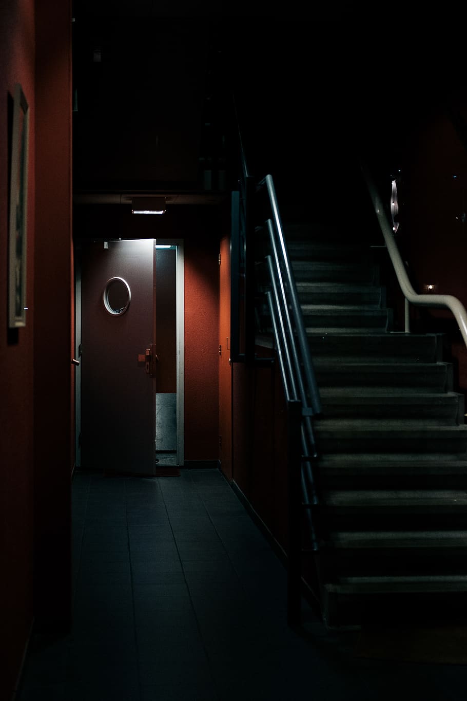 closed red door, banister, handrail, flooring, interior design HD wallpaper