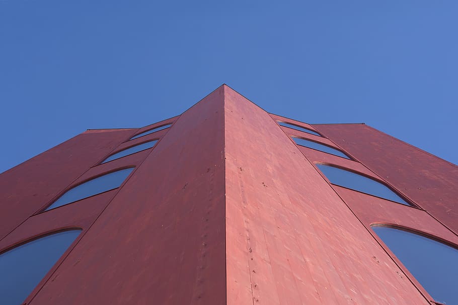 building, red, blue, sky, modern, art, window, edifice, structure HD wallpaper