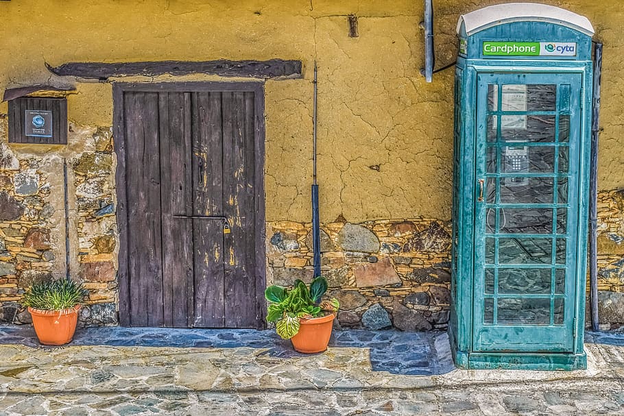 cyprus, fikardou, village, house, phone booth, telephone box, HD wallpaper