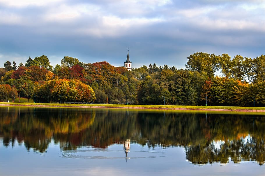 Lake With Trees Background, clouds, daylight, landscape, nature HD wallpaper