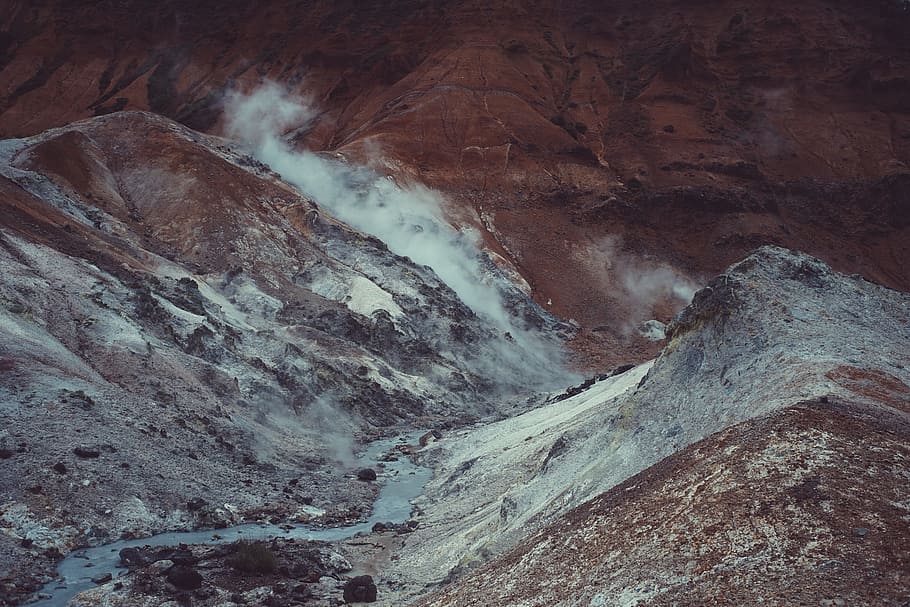 brown and gray mountains during daytime, water, river, smoke HD wallpaper
