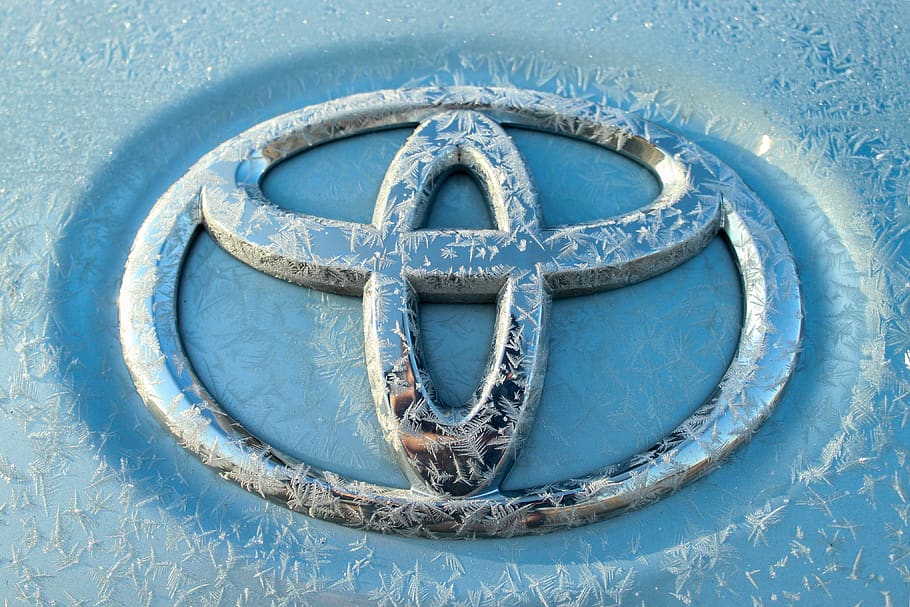 silver Toyota emblem, blue, no people, metal, shape, close-up, HD wallpaper