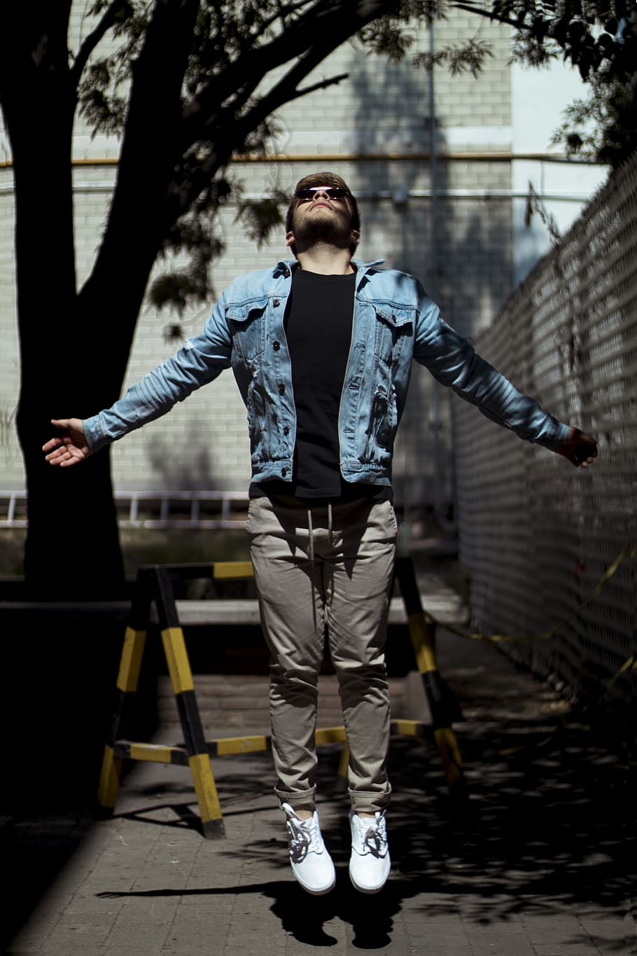 floating, flying, man, denim, open hands, one person, full length HD wallpaper